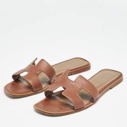 Hermes Brown Leather  Oran Flat Slides Size 36.5 