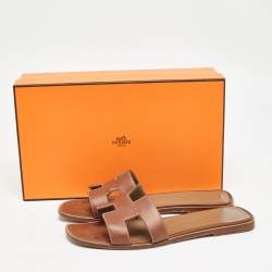 Hermes Brown Leather  Oran Flat Slides Size 36.5 