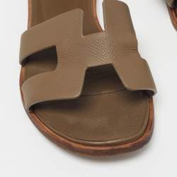 Hermes Green Leather Santorini Ankle Strap Flat Sandals Size 37