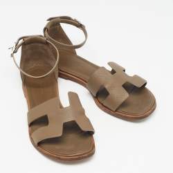 Hermes Green Leather Santorini Ankle Strap Flat Sandals Size 37