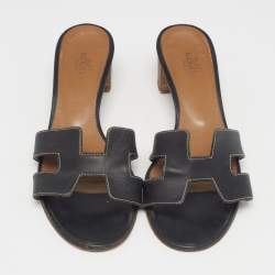 Hermes Black Leather Oasis Slide Sandals Size 38