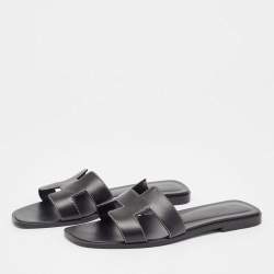 Pre Owned Hermes Black Leather Oran Flat Slides Size 39