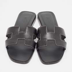 Pre Owned Hermes Black Leather Oran Flat Slides Size 39