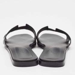 Pre Owned Hermes Black Leather Oran Flat Slides Size 39
