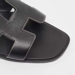 Pre Owned Hermes Black Leather Oran Flat Slides Size 39