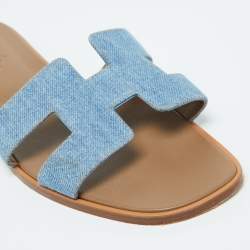Pre Owned Hermes Blue Denim Oran Flat Slides Size 41.5
