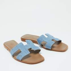 Pre Owned Hermes Blue Denim Oran Flat Slides Size 41.5