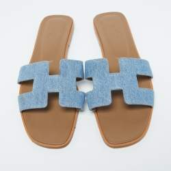 Pre Owned Hermes Blue Denim Oran Flat Slides Size 41.5