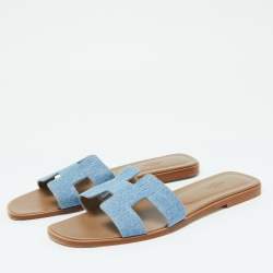 Pre Owned Hermes Blue Denim Oran Flat Slides Size 41.5