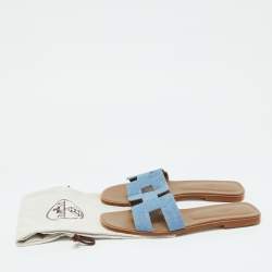 Pre Owned Hermes Blue Denim Oran Flat Slides Size 41.5