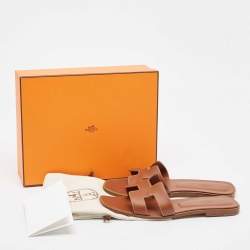 مملوكة مسبقًا Hermes Brown Leather Oran Flat Slides Size 41.5