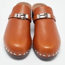 Pre Owned Hermes Brown Leather Carlotta Clogs Size 38