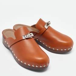 Pre Owned Hermes Brown Leather Carlotta Clogs Size 38