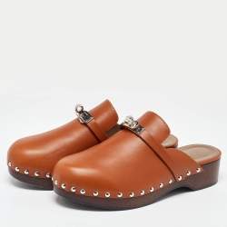 Pre Owned Hermes Brown Leather Carlotta Clogs Size 38