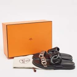 Pre Owned Hermes Black/Bronze Leather Extra Sandals Size 37.5