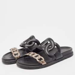 Pre Owned Hermes Black/Bronze Leather Extra Sandals Size 37.5