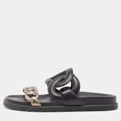 Pre Owned Hermes Black/Bronze Leather Extra Sandals Size 37.5