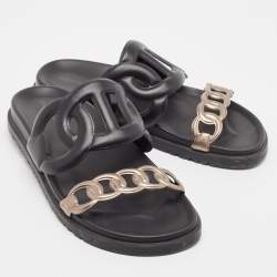 Pre Owned Hermes Black/Bronze Leather Extra Sandals Size 37.5
