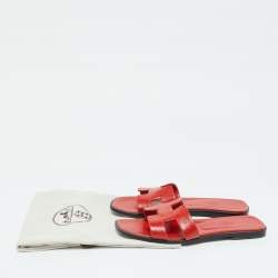 Pre Owned Hermes Red Patent Leather Oran Flat Sandals Size 38.5