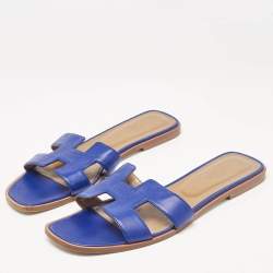 Hermes Blue Leather Oran Flat Slides Size 41
