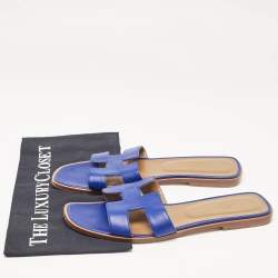 Hermes Blue Leather Oran Flat Slides Size 41