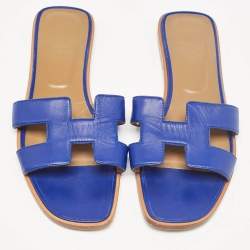 Hermes Blue Leather Oran Flat Slides Size 41