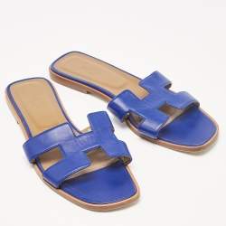 Hermes Blue Leather Oran Flat Slides Size 41