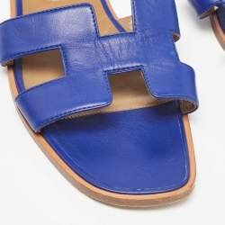 Hermes Blue Leather Oran Flat Slides Size 41