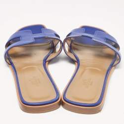 Hermes Blue Leather Oran Flat Slides Size 41