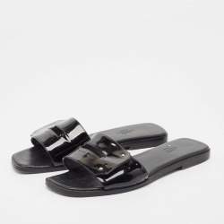 Hermes Black Patent Leather View Flat Slides Size 37