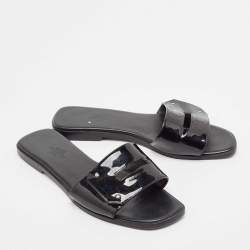 Hermes Black Patent Leather View Flat Slides Size 37