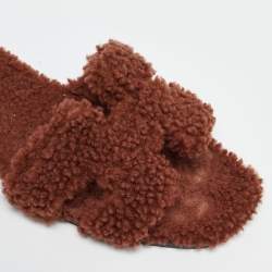 Hermès Brown Shearling Fur Oran Flat Slides Size 39.5