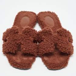 Hermès Brown Shearling Fur Oran Flat Slides Size 39.5