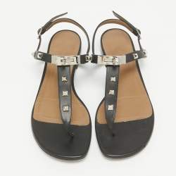 Pre Owned Hermes Black Leather Ankle Strap Sandals 37