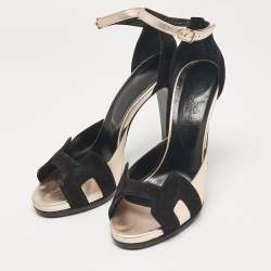 Hermes Black Leather and Suede Premiere 70 Ankle Strap Sandals Size 40.5