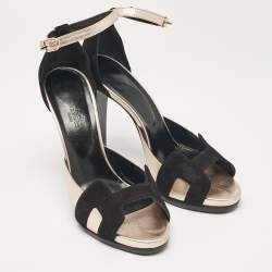Hermes Black Leather and Suede Premiere 70 Ankle Strap Sandals Size 40.5