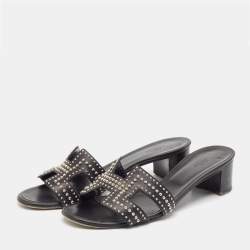 Pre Owned Hermes Black Leather Studded Oasis Slide Sandals Size 40