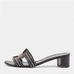 Pre Owned Hermes Black Leather Studded Oasis Slide Sandals Size 40