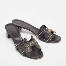 Pre Owned Hermes Black Leather Studded Oasis Slide Sandals Size 40