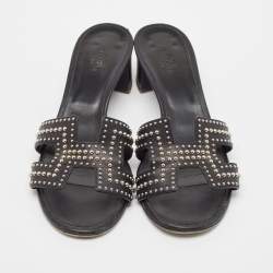 Pre Owned Hermes Black Leather Studded Oasis Slide Sandals Size 40
