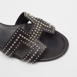 Pre Owned Hermes Black Leather Studded Oasis Slide Sandals Size 40