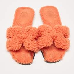 Hermes Orange Shearling Fur Oran Flat Slides Size 37