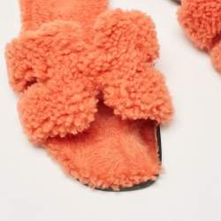 Hermes Orange Shearling Fur Oran Flat Slides Size 37
