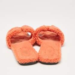 Hermes Orange Shearling Fur Oran Flat Slides Size 37