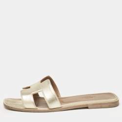 Hermes Gold Leather Oran Flat Slides Size 37