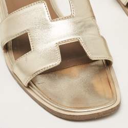 Hermes Gold Leather Oran Flat Slides Size 37