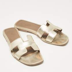 Hermes Gold Leather Oran Flat Slides Size 37