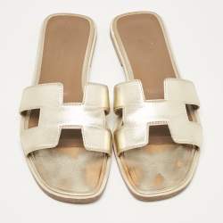 Hermes Gold Leather Oran Flat Slides Size 37