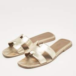 Hermes Gold Leather Oran Flat Slides Size 37