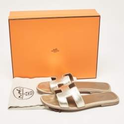 Hermes Gold Leather Oran Flat Slides Size 37